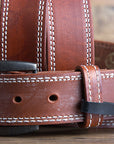 32 Inch 3D Brown Mens Leather Stitched Basic Belt Brass Buckle
