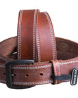 32 Inch 3D Brown Mens Leather Stitched Basic Belt Brass Buckle