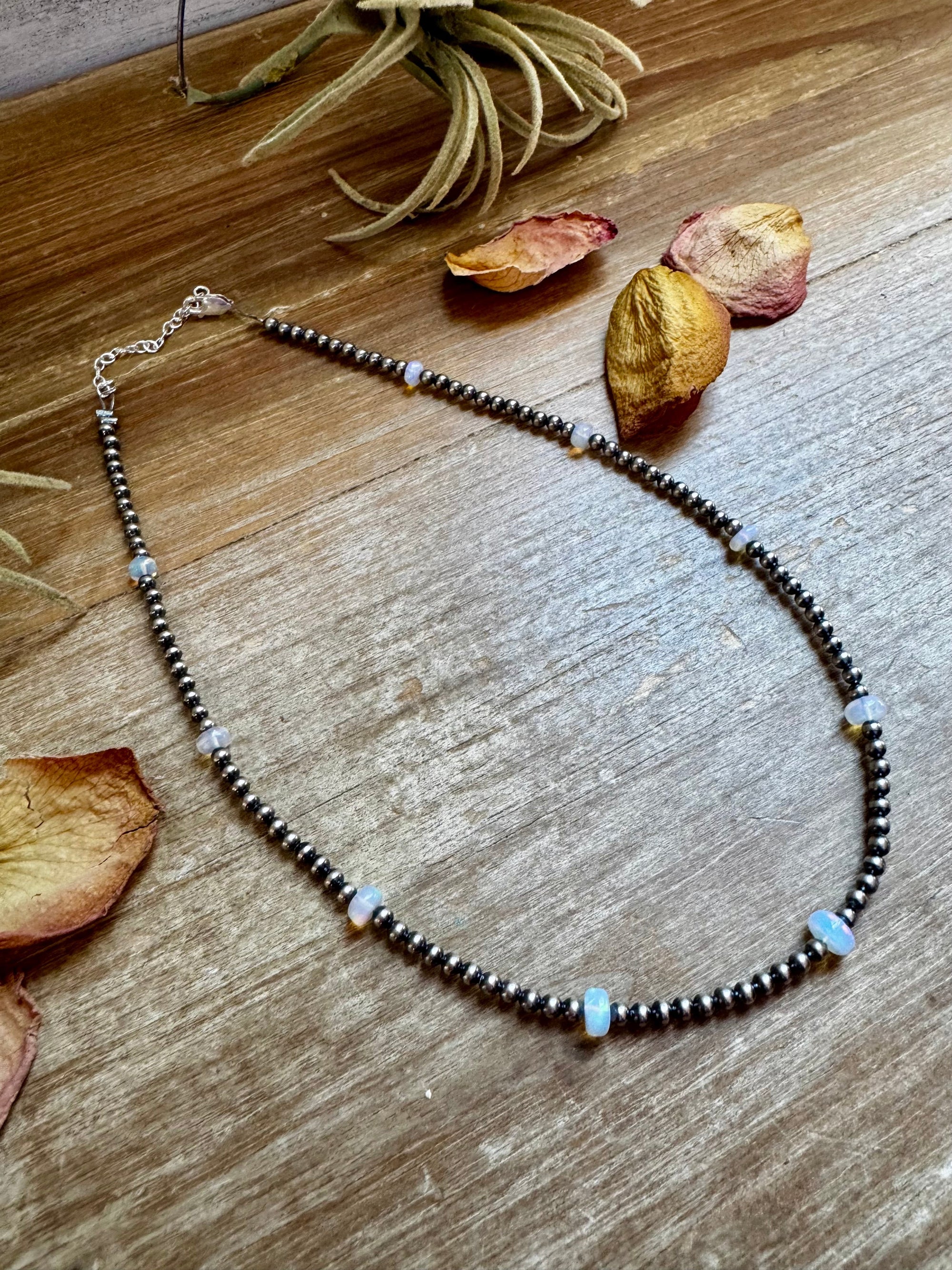 15" White Opal Necklace with Sterling Silver Pearls