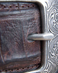 Mens M&F Western Distressed Brown Croc Print Leather Belt Engraved Silver Buckle