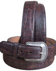 Mens M&F Western Distressed Brown Croc Print Leather Belt Engraved Silver Buckle
