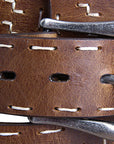 Men's Full-Grain Distressed Dark Brown Leather Belt Antique Silver Roller Buckle