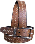 Men's Full-Grain Distressed Dark Brown Leather Belt Antique Silver Roller Buckle