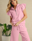 Textured Ruffle Sleeve Zipped Top and Wide Leg Pants Set