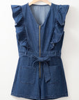 Amora Denim Ruffled Zipped Front Belted Romper
