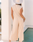 Textured Buttoned Wide Leg Sleeveless Jumpsuit