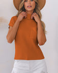 Solid Ribbed Knit Patch Pocket Short Sleeve Sweater