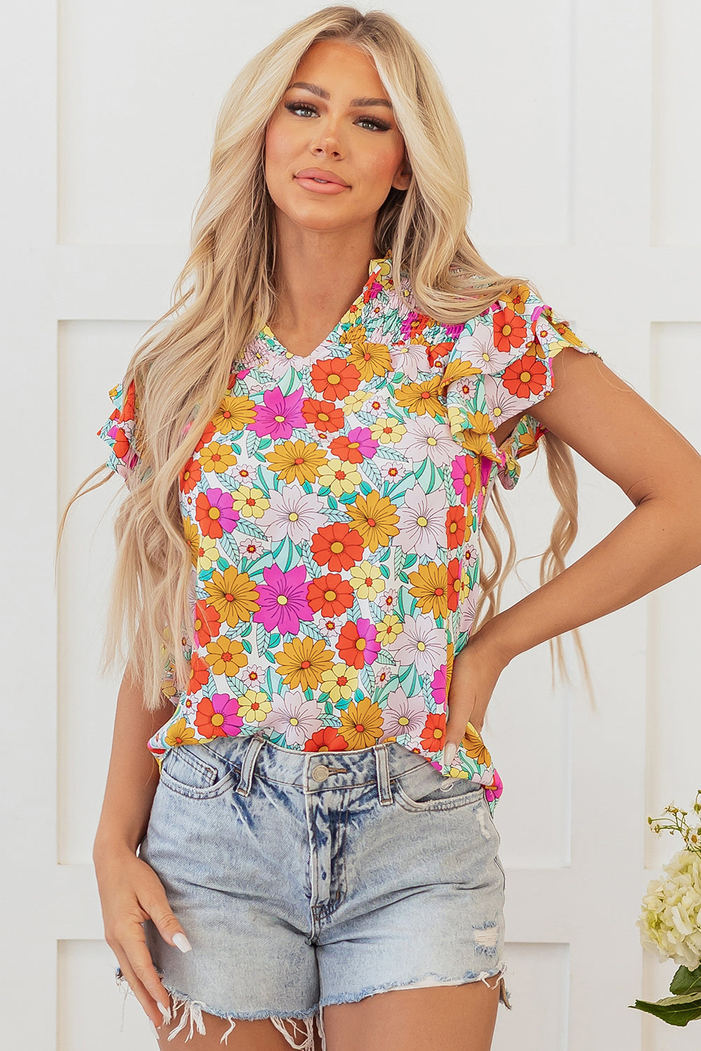Leslie Floral Shirred Tiered Ruffled Sleeve Blouse