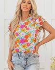Leslie Floral Shirred Tiered Ruffled Sleeve Blouse