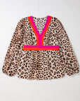 Cheetah Colorblock V-Neck Balloon Sleeve Babydoll Blouse