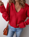 Solid Collared V-Neck Ribbed Edge Sweater