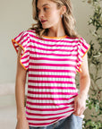 GloriaStriped Ruffle Sleeve Crew Neck Blouse