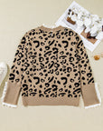 Plus Size Leopard Knit Lacy Trim Long Sleeve Sweater