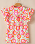 Floral Ricrac Trim Ruffle Sleeve Blouse
