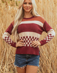 Checker Colorblock Knitted Drop Shoulder Sweater
