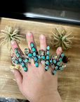 Blue Turquoise Cactus Ring with flower - Adjustable - Brass silver