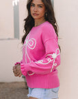 Corded Flower Bow Ribbed Trim Casual Sweater