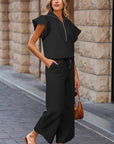 Kallie Ruffled Sleeve Zipped Top and Wide Leg Pants Set