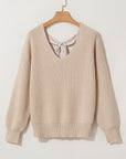 Bow Back Lantern Sleeve V-Neck Sweater