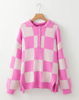 Checker Half Buttoned Collar Drop Shoulder Sweater