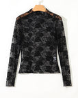 Myla Sheer Floral Lace Mesh Mock Neck Long Sleeve Top