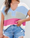 Stripe Colorblock V-Neck Sweater T-Shirt