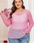 Plus Size Bow Embroidered Long Sleeve Mesh Top