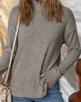 Solid Ribbed Knit Mock Neck Pullover Top