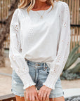 Solid Eyelet Embroidered Long Sleeve Blouse