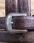 M&F Western Rustic Brown Elephant Print Leather Belt 1.5" Engraved Silver Buckle