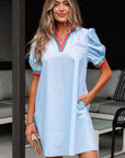 Lily Striped Notched V Neck Puff Sleeve Mini Dress