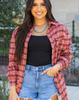 Plaid Button-Up Distressed Hem Long Sleeve Shirt
