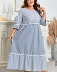Plus Size Stripe Patchwork Lace Trim 3/4 Sleeve Maxi Dress