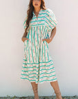 Billie Striped Floral Tie Split Neck Puff Sleeve Midi Dress