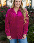 Plus Size Velvet Button-Up Pocketed Drop Shoulder Shirt