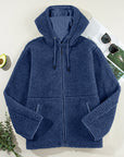 Solid Fleece Zip-Up Drawstring Pocketed Hooded Jacket
