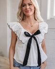 Azariah Contrast Bow Ruffle Trim V Neck Blouse