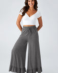 Solid Ruffle Wide Leg High Waist Pants