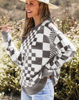 Checker Round Neck Drop Shoulder Sweater