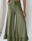 Solid Ruffle Wide Leg High Waist Pants