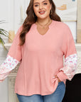 Plus Size Floral Patchwork Sleeve Waffle Knit Top