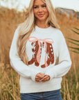 Western Bow Boots Embroidered Drop Shoulder Sweater