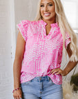 Cynthia Ric Rac Trim Flutter Sleeve Notch V Neck Blouse