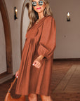 Corduroy Pleated Scallop Neck 3/4 Sleeve Mini Dress