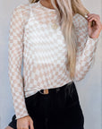 Checker Mesh Mock Neck Long Sleeve Top