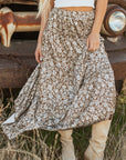 Cadence Western Floral Print Ruffled Hem Maxi Skirt