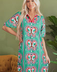 Isabela Butterfly Print Split Neck Short Sleeve Dress