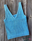 Sky Blue Ribbed Crop Tank with Reversible Neckline