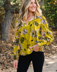 Floral V-Neck Ruffle Trim Long Sleeve Blouse