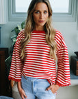 Stripe Lace Trim 3/4 Sleeve Top